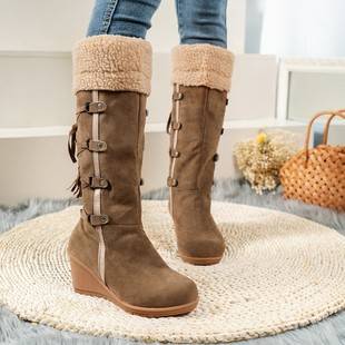 Cross-Border European and American Export Large Size Women's Cotton Boots Frosted Back Lace-Up Tassel High Boots Sleeve Wedge Snow Boots