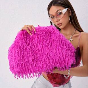 ins long-haired plush clutch bag, unique and exaggerated faux fur handbag, shaggy faux fur clutch
