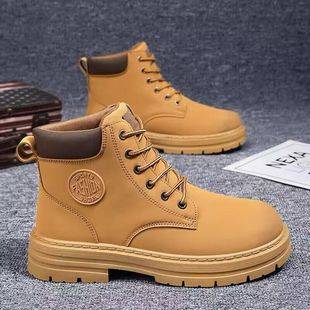 Rhubarb Boots Autumn and Winter Men's High-Top Boots Men's Korean Style Versatile Work Shoes Waterproof Non-Slip Large Size Short Boots
