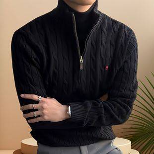 Cross-Border Qr Code Scannable Rl Ralph Lauren Logo Men's Autumn and Winter Cable Knit Half-Zip Couple's Sweater Women's Embroidered Knitwear