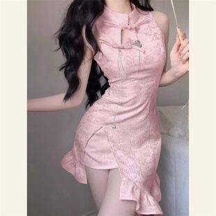 New Chinese Style National Style Improved Cheongsam Sleeveless dress Women's Sexy Hot Girl Slim-Fit Ruffled Fishtail Hip Skirt