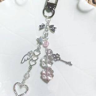 [Pink Angel Descends Upon My Heart] Keychain, Card Holder, Card Clip, Pendant, Four-Leaf Clover, Phone Chain, Bow