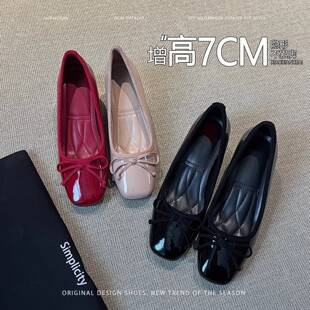 In-Stock Version~Invisible 7cm Height-Increasing French Bowknot Chunky Heel Shallow Mouth Single Shoe for Women, 2026 New Model Mary Jane Shoes
