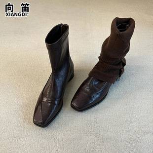 Leather retro slim boots with inner heightening, square toe, slimming, elastic boots for women, versatile, commuting, elegant, Martin boots, short boots