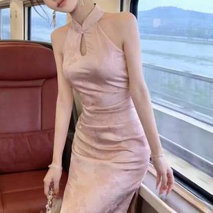 2026 New Chinese Style Stand Collar Halter Neck Sleeveless Qipao Dress for Women, Petite Figure Flattering, Waist-Cinching, Slimming, Sexy Long Dress