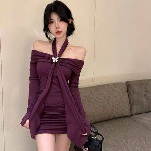 Autumn and Winter Pure and Sexy Fashion Bodycon Dress, Off-Shoulder Socialite Inner Dress, Halter Neck Purple Long-Sleeve Dress Trendy
