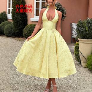 European and American Cross-Border V-Neck Halter Jacquard Dress Evening Gown Spring and Summer Elegant Sleeveless Backless Waist-Cinching Long Dress