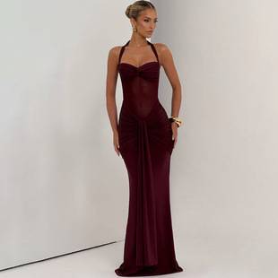 European and American 2026 New Style Women's Elegant Ruched Ribbon Evening Dress, Fashionable Halter Neck Sexy Bodycon Dress for Export