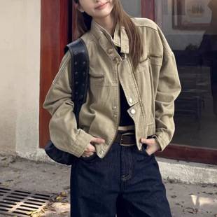 Khaki short biker denim jacket for men and women, loose fit workwear coat for spring and autumn, high street washed denim jacket