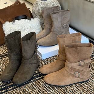 4cm~ Internal Height-Increasing Korean-Style Belt Buckle Mid-Calf Boots for Women, 2026 New Model, Round-Toe Suede Slimming Slip-On Ankle Boots