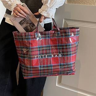 Plaid jelly tote bag, fashionable and retro, large capacity, suitable for commuting, versatile tote bag, trendy A17