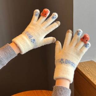 Cute Plush Gloves Women's Winter Thickened Warm Touchscreen Knitted Wool Cycling Cold-proof Finger Winter for Students