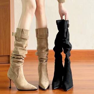 Elegant and sophisticated high-heeled long boots for women, stylish high-tube boots with belt buckle and ruched design