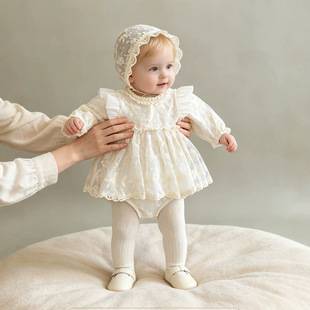 Autumn baby lace romper dress for girls, spring and autumn fairy princess dress, newborn one-year-old soft tulle one-piece dress