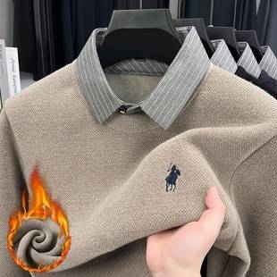 Thickened One-Piece Fleece Sweater for Middle-Aged and Elderly Men, Faux Two-Piece Winter Warm Long-Sleeve T-Shirt Knitwear for Dad, Base Layer Top