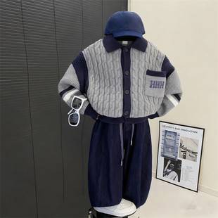 Children's Korean Style Preppy Style Polo Collar Color-Blocked Knitwear 2025 Autum New Kidsren's Clothing Small and Medium-Sized Baby Knitwears