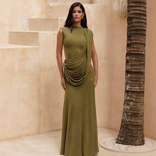 New European and American style evening dress with draped design, round neck, sexy sleeveless backless floor-length gown