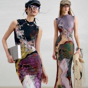 New Chinese Style Front and Back Two-Wear Contrasting Printed Cheongsam Dress Retro Style Cheongsam Women's High-End Dress