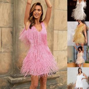 2025 Independent Station Amazon New European and American New Tassel Sequin Sleeveless Dress Evening Dress