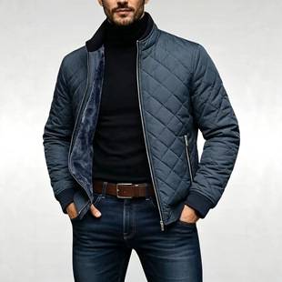 Cross-border Amazon Men's Diamond Pattern Fleece-Lined Cotton Jacket, Stand Collar, Thickened, Warm, Pilot Business Casual Coat