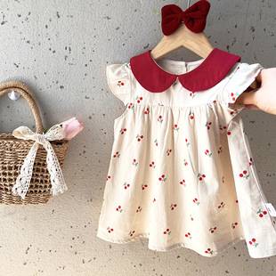 New Baby Summer Dress for Girls, Stylish Cotton Cherry Princess Dress for Small and Medium-Sized Children, Korean Children's Clothing