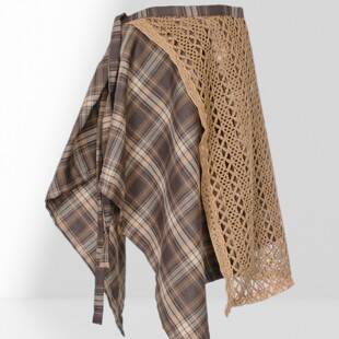 Plaid layered skirt with an asymmetrical lace design that covers the buttocks, one-piece tie-waist skirt for women