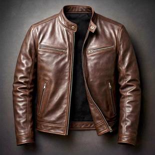 Cross-Border Motorcycle Pu Leather Jacket for Men, Stand Collar Leather Coat, Slim Fit Punk Pilot Jacket, European and American Foreign Trade Men's Clothing Wholesale