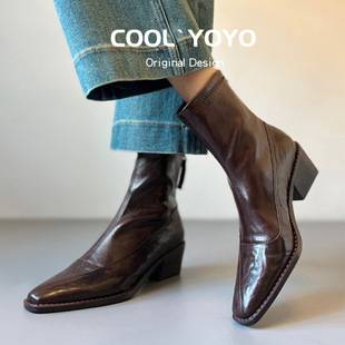 Genuine Leather Retro Chunky Heel Short Boots for Women 2025 New Autumn and Winter Commuter Square-Toe Martin Boots Brown Stretch Slim Boots