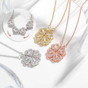 Sparkling Diamond Folding Necklace, a Two-Wear Four-Leaf Clover Pendant, Heart-Shaped Women's Ins New Valentine's Day Gift for Girlfriend