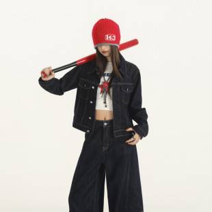 Fashion Set: American Retro Denim Jacket for Women, Long-Sleeve Jacket, Workwear Wide-Leg Pants Two-Piece Set for Women