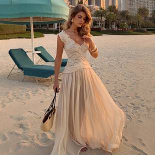 2026 Spring/Summer New Foreign Trade Evening Dress Wholesale V-Neck Chiffon Long Dress Elegant Lace French Style Dress