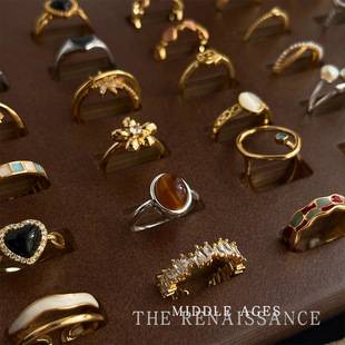 Vintage Mid-Century Style Enamel Oil Dripping Literary Retro Zircon Ring Collection Tiger Eye Stone Index Finger Ring Adjustable