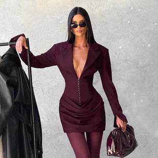 2025 European and American Women's Autumn and Winter New Elegant Pure Color Deep V Lapel Pleated Mini Waist Dress for Women