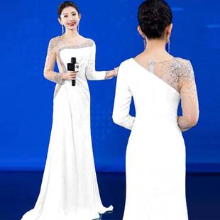 New Host Evening Dress Dinner Annual Meeting Party Elegant Long-Sleeved Slim Student Art Exam Dress