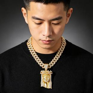 European and American hip-hop necklace for men, vintage portrait pendant, cross-border jewelry, exaggerated full-diamond pendant, 14mm Cuban chain