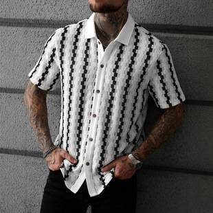 2026 New Cross-Border Men's Retro Checkered Knitted Short-Sleeved Shirt, Versatile Casual Top
