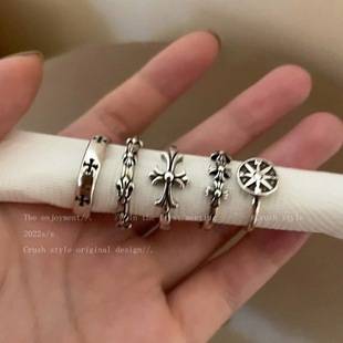 Diablo Distressed Cross Open Ring Women's European and American Style Niche Design Ring Simple Fashionable Distinctive Finger Ring