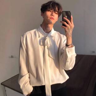 Spring and Autumn New Men's Korean Style Loose Casual Simple Fresh Solid Color Bow Tie Long-Sleeve Casual Shirt Niche