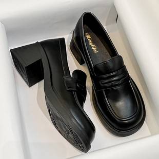 933-2026 Spring New Hepburn Chunky Heel Leather Shoes for Women, Retro High Heel Black Loafers, Large Size
