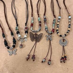 Ceramic Necklace, New Chinese Style, Ethnic Style, Retro Butterfly Beaded Pendant, Clavicle, High-End, Niche, Versatile Gift