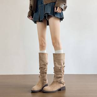 Round-Toe Vintage Suede Long Boots Martin Boots High-Heeled Boots for Women 2025 Autumn and Winter Chunky Heel French Style