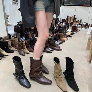Vintage Suede Khaki Short Boots for Women, French Style Boots, Autumn Niche Design Western Slouch Boots, Riding Boots