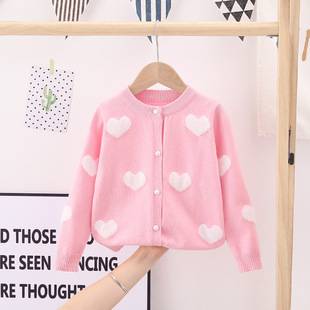 Manufacturer Wholesale Children's Clothing Girls' Knitted Cardigan 26 Spring and Autumn New Style Baby Mink Heart Jacquard Core-Spun Yarn Sweater