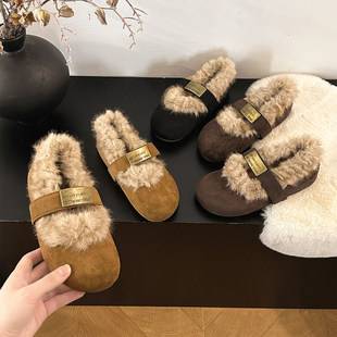 Retro round-toe, fleece-lined, warm, fluffy shoes for women, 2026 autumn/winter collection, soft sole, non-slip, with metal buckle, versatile, and comfortable