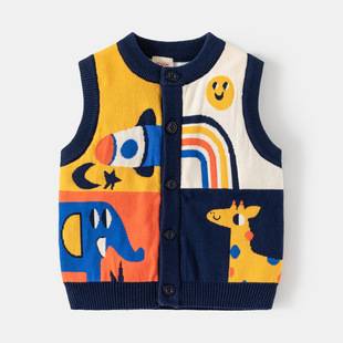 Tygkids 2025 Spring and Autumn New Children's Clothing Boys Open Chest Vest Baby Cartoon Jacquard Double Layer Sweater Vest