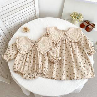 Autumn New Style Girls' Dress Korean Style Floral Long-Sleeve Princess Dress Baby Romper Bodysuit Dress Sisters' Matching Outfits