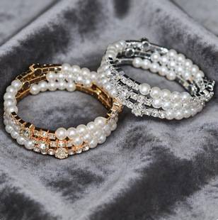 Cross-Border Pearl and Rhinestone-Encrusted Elastic Open Bracelet for Women, Light Luxury French-Style Jewelry, Multi-Row Wrap-Around Options Available
