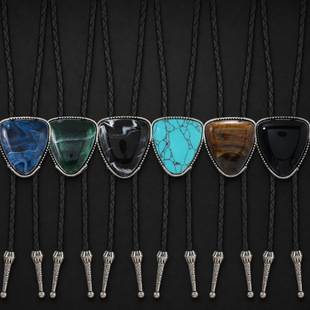 Colorful Gemstone Bolo Tie Necklace Western Cowboy Retro Alloy Leather Pendant Men's Bolo Tie Wholesale