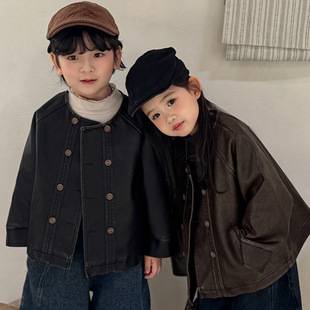 Jiaye Children's Products 2026 Children's Autumn Washed Leather Jacket for Boys and Girls, Forest Style Retro Coat, Biker Jacket