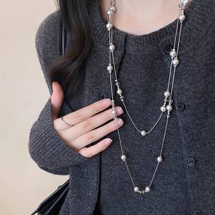 Double-Layered Baby's Breath Gray Pearl Necklace for Women, Accessible Luxury and High-End Stacked Necklaces, Autumn and Winter Long Sweater Chain Accessories